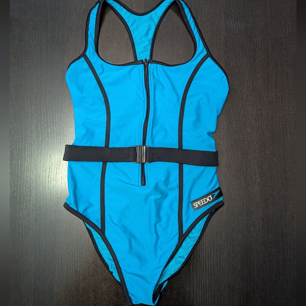 Vintage Speedo One Piece Swimsuit Aerobics 80s Neon Blue Belt Sz 14